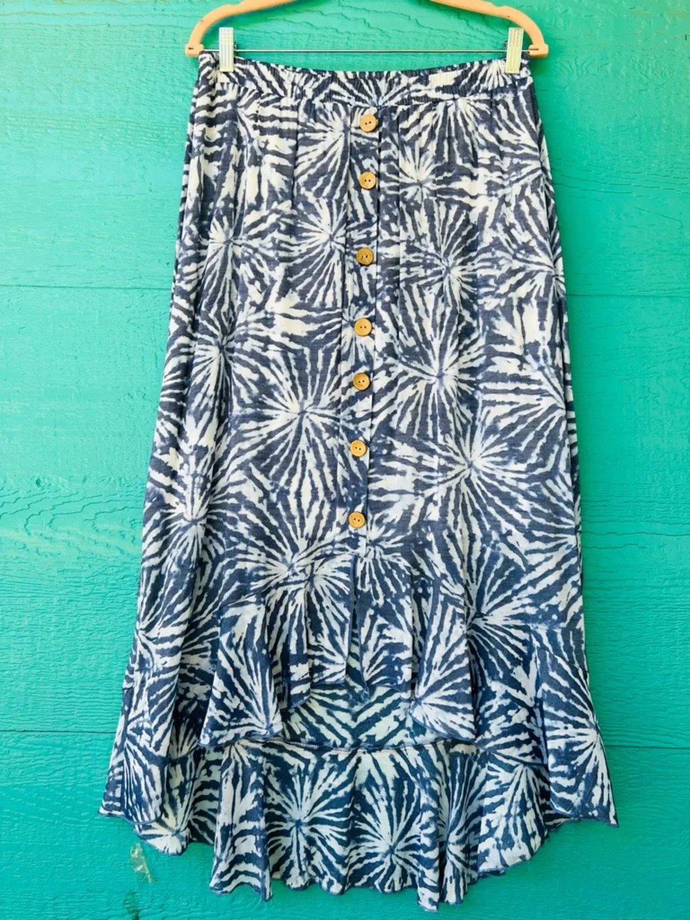 Tropical Boho Print 2-Piece Set Blouse Midi Skirt Boho Resort Large Blue White